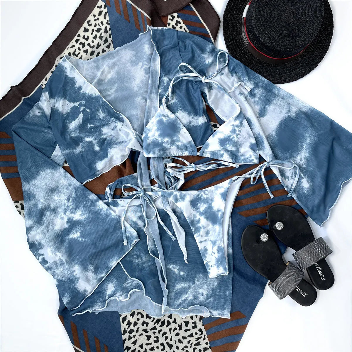 Multicolor tie dye long sleeve bikini set with halter neck push up top and high waist bottoms for women