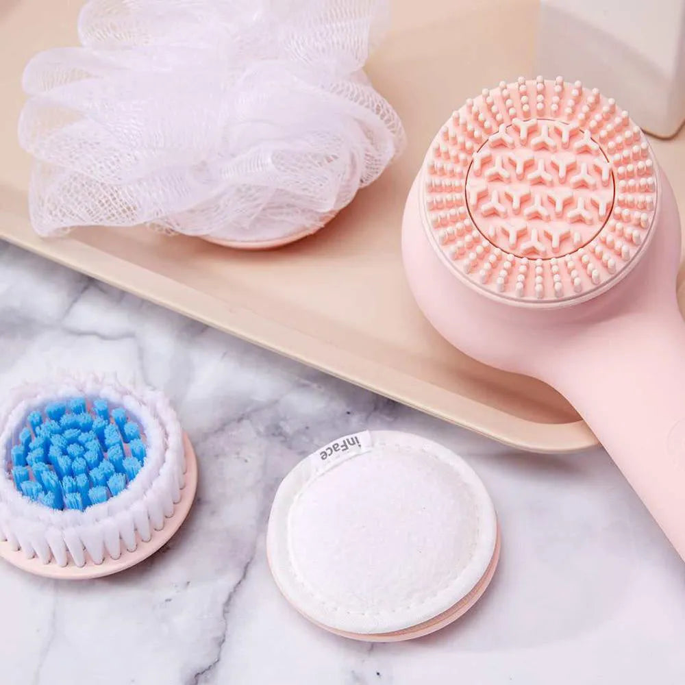 Inface electric shower brush with four rotating heads in grey or pink colour options