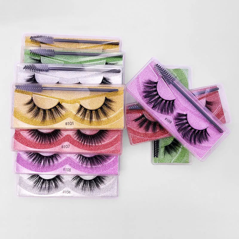 Natural 3D false eyelashes with elongated eye tail, imitation mink, plastic cotton thread stem, includes brush.