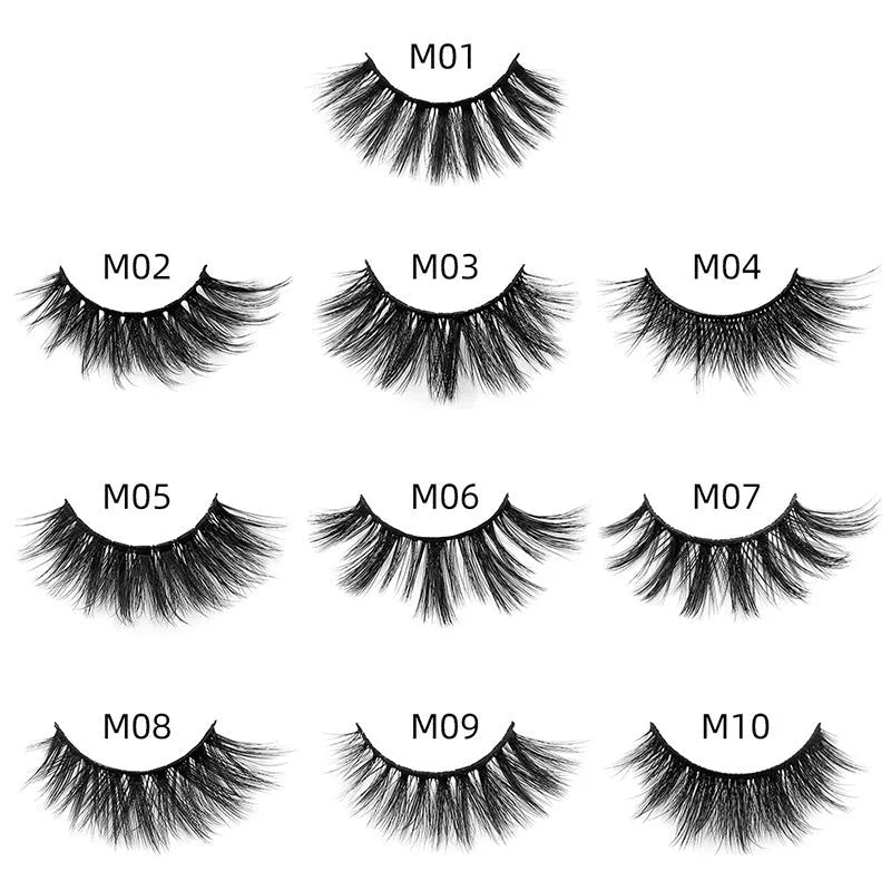 Natural 3D false eyelashes with elongated eye tail, imitation mink, plastic cotton thread stem, includes brush.