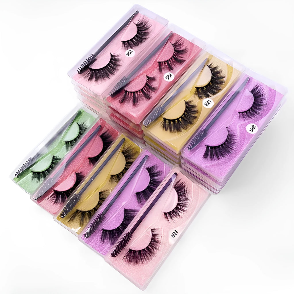Natural 3D false eyelashes with elongated eye tail, imitation mink, plastic cotton thread stem, includes brush.