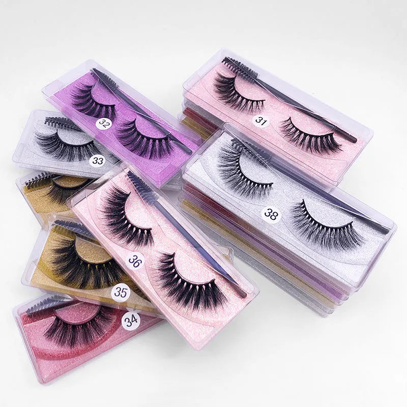 Natural 3D false eyelashes with elongated eye tail, imitation mink, plastic cotton thread stem, includes brush.
