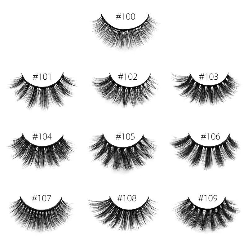 Natural 3D false eyelashes with elongated eye tail, imitation mink, plastic cotton thread stem, includes brush.