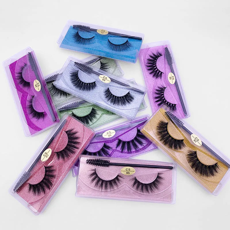 Natural 3D false eyelashes with elongated eye tail, imitation mink, plastic cotton thread stem, includes brush.
