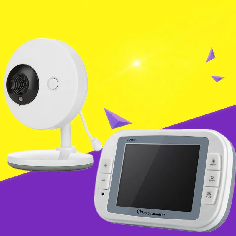 White UFO-style wireless baby monitor camera and 3.5-inch parent unit on a nursery shelf.
