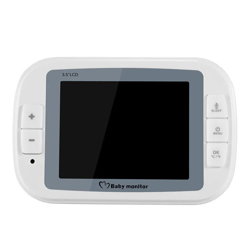White UFO-style wireless baby monitor camera and 3.5-inch parent unit on a nursery shelf.