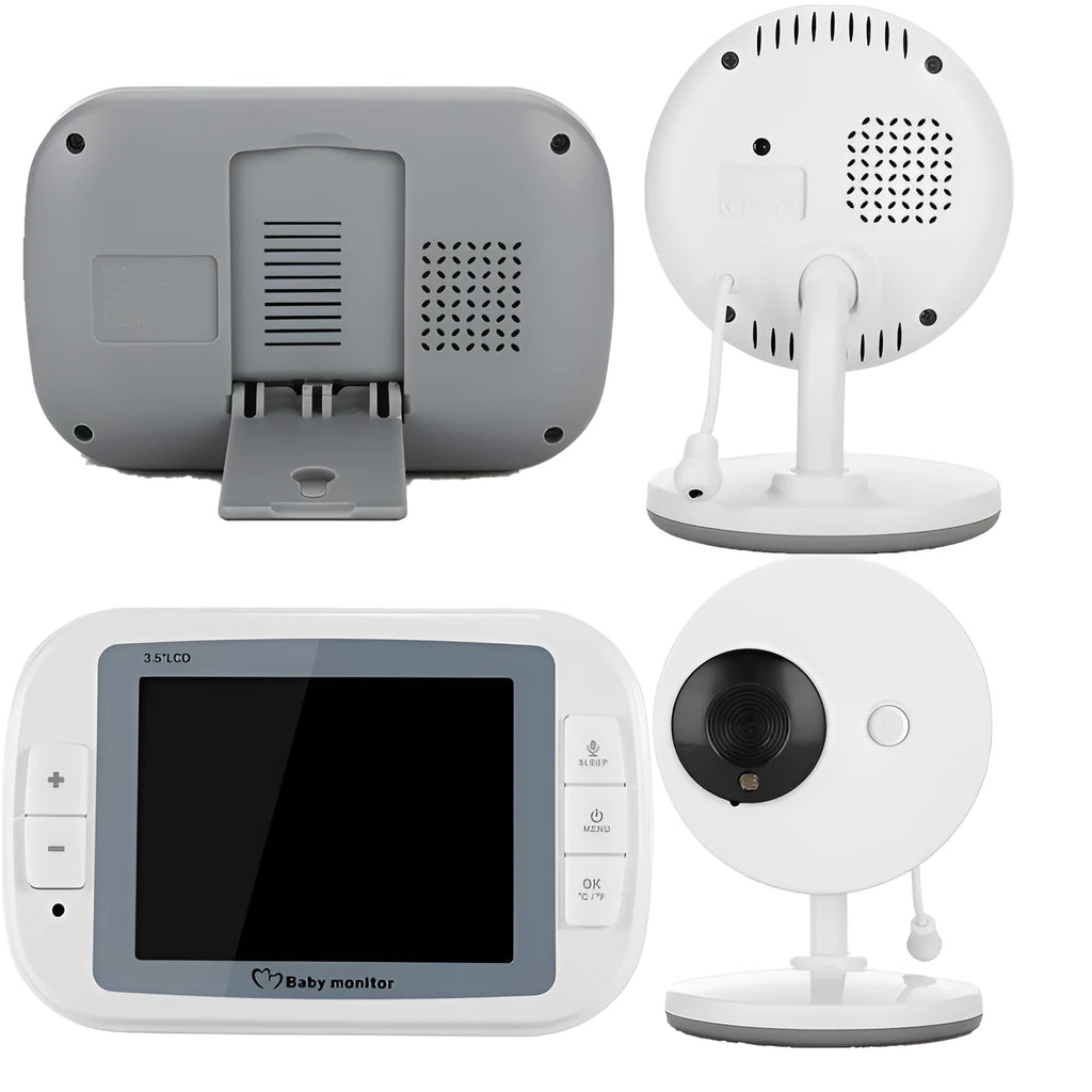 White UFO-style wireless baby monitor camera and 3.5-inch parent unit on a nursery shelf.