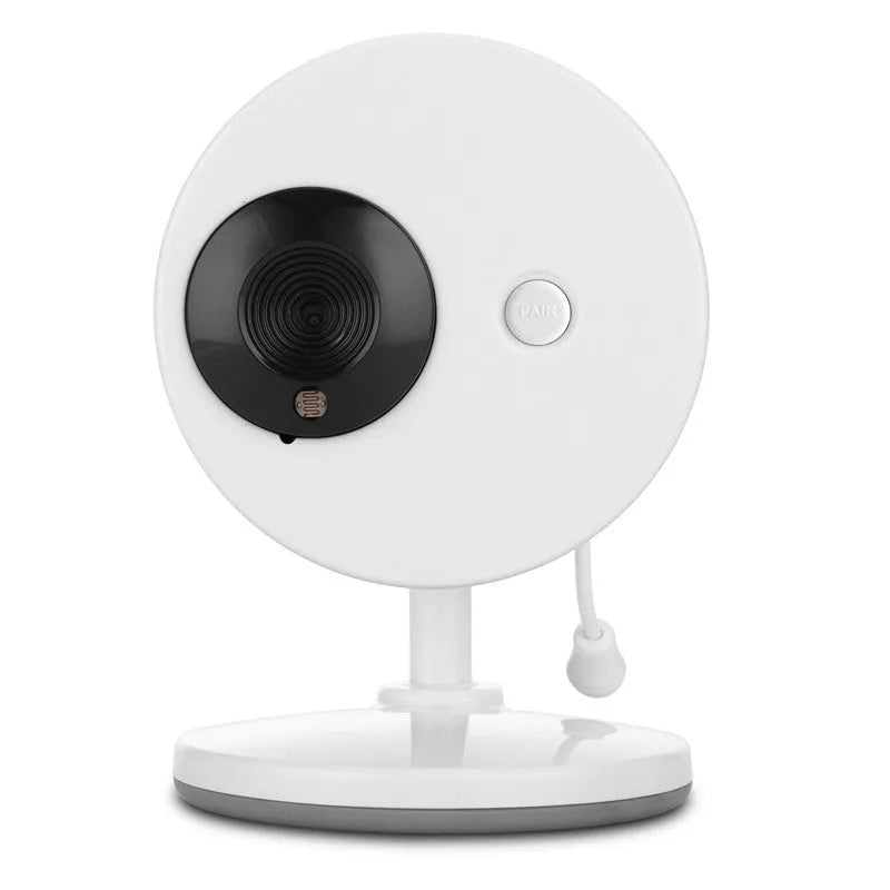 White UFO-style wireless baby monitor camera and 3.5-inch parent unit on a nursery shelf.