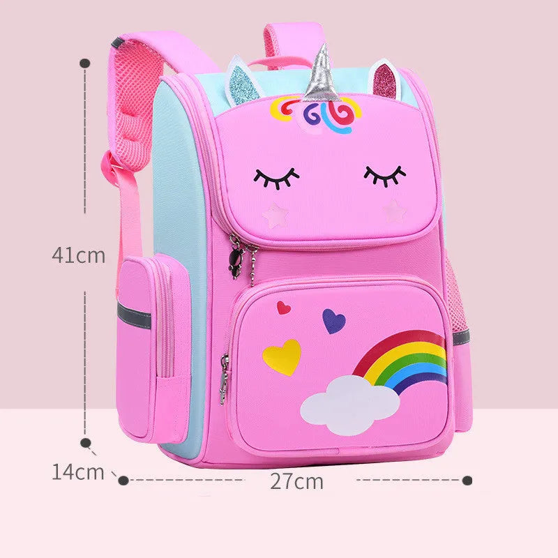 A royal blue personalised primary school bag for children, shown in small and large sizes.