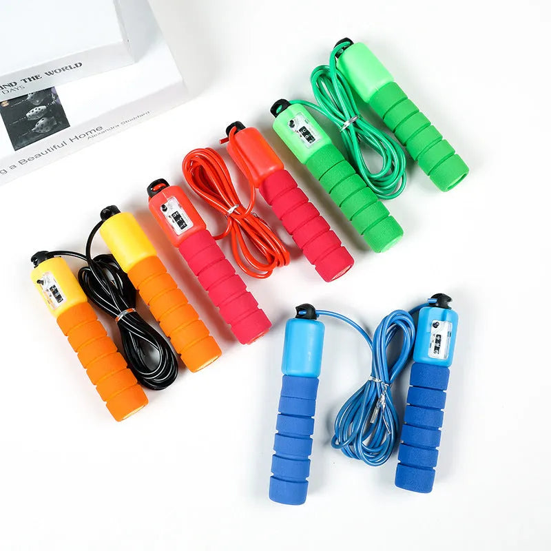 Professional electronic counting skipping rope with adjustable length, handle, and counter in red, blue, orange, green options