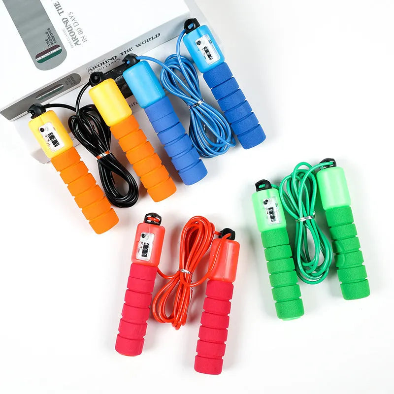 Professional electronic counting skipping rope with adjustable length, handle, and counter in red, blue, orange, green options