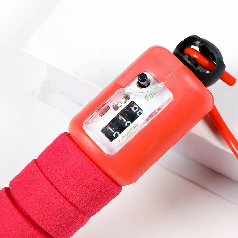 Professional electronic counting skipping rope with adjustable length, handle, and counter in red, blue, orange, green options