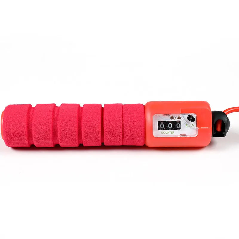 Professional electronic counting skipping rope with adjustable length, handle, and counter in red, blue, orange, green options