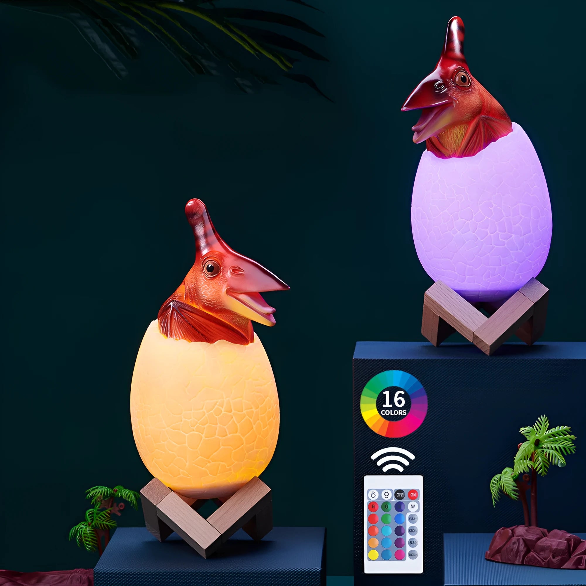 Colour-changing dinosaur night light with remote control and wooden display bracket