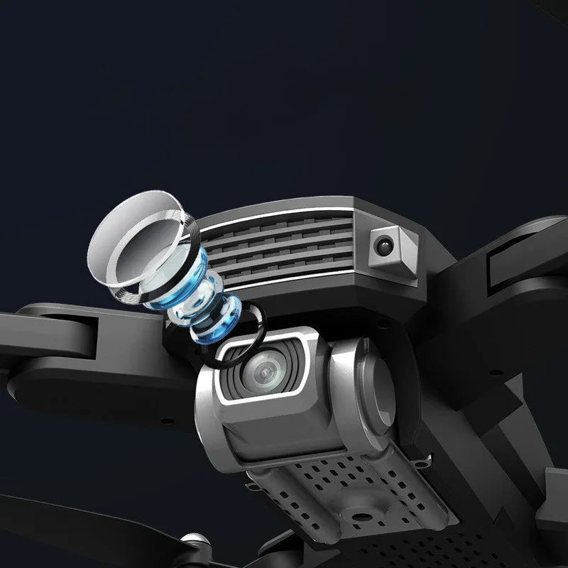 Black folding quadrocopter drone with 4K camera for children ages 5-14+ with remote control handle