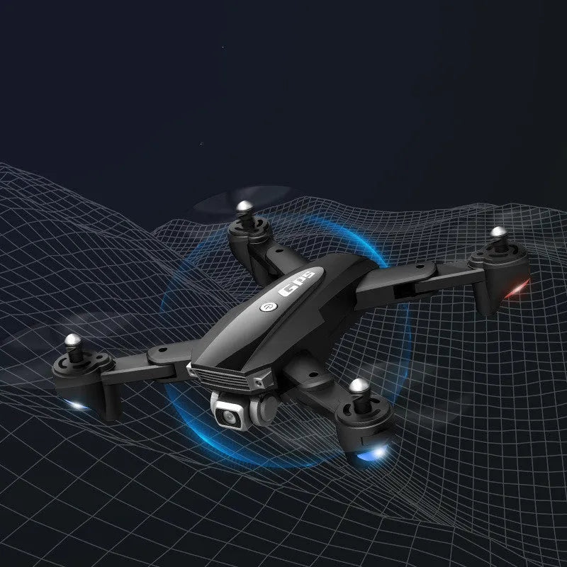 Black folding quadrocopter drone with 4K camera for children ages 5-14+ with remote control handle