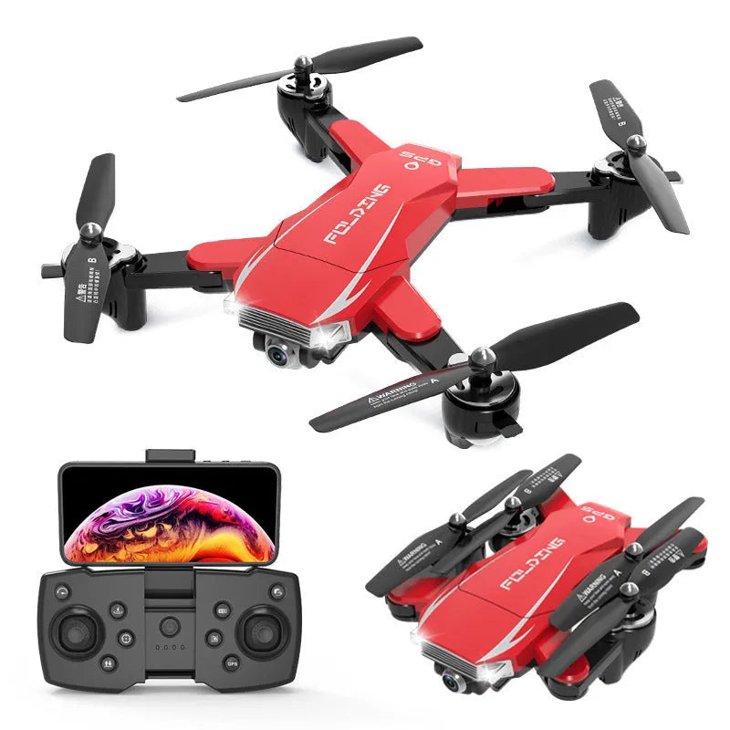 Black folding quadrocopter drone with 4K camera for children ages 5-14+ with remote control handle