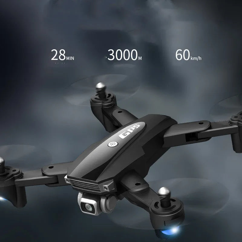 Black folding quadrocopter drone with 4K camera for children ages 5-14+ with remote control handle