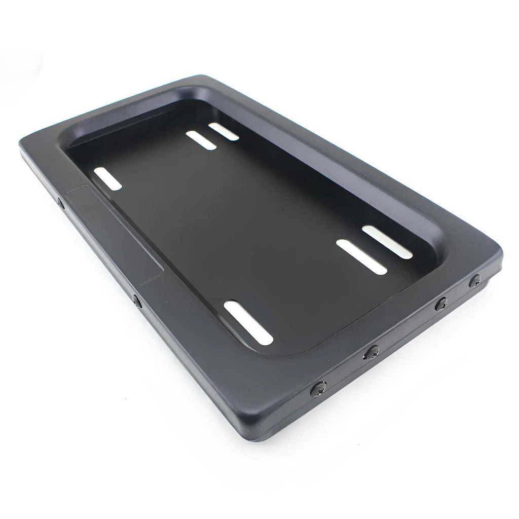Black flipping licence plate frame made of iron and plastic measuring 314 by 169 millimetres, suitable for US standard plates