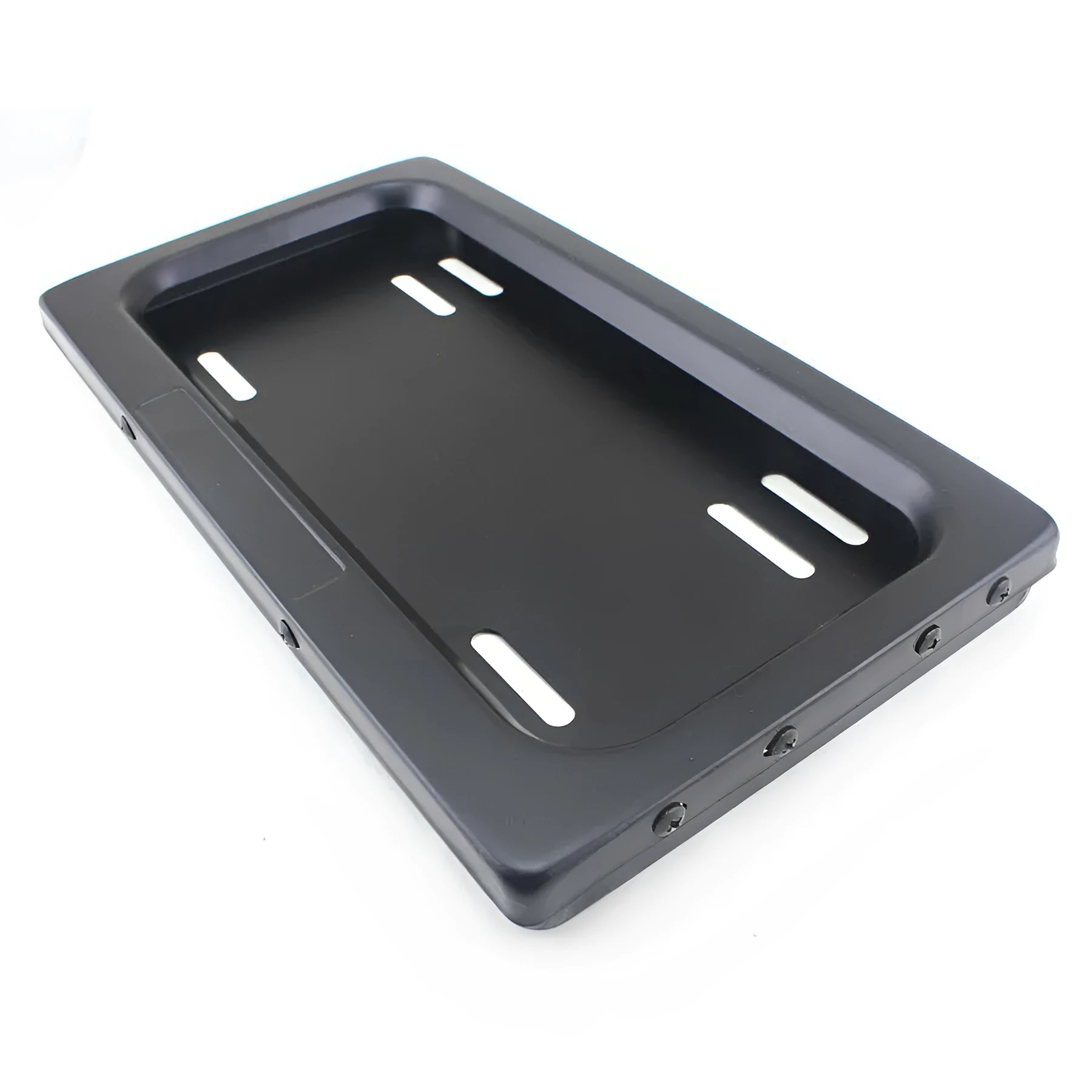 Black flipping licence plate frame made of iron and plastic measuring 314 by 169 millimetres, suitable for US standard plates