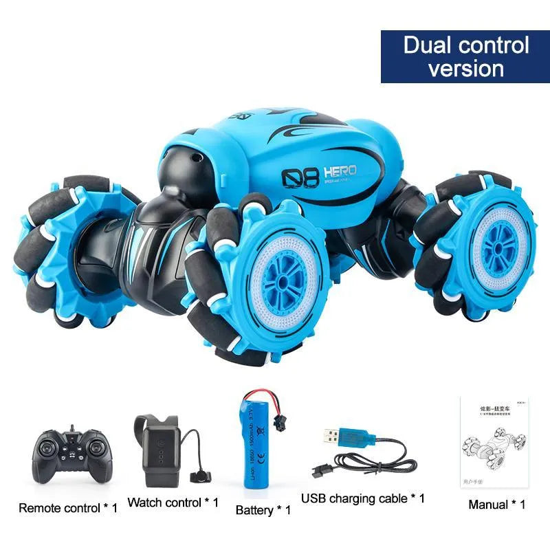 Gesture sensing remote control car in blue, green, or orange colours with transformation capability