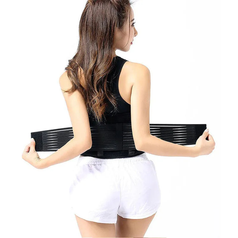 A black self-heating magnetic waist support belt, adjustable with a secure fastener, laid flat.