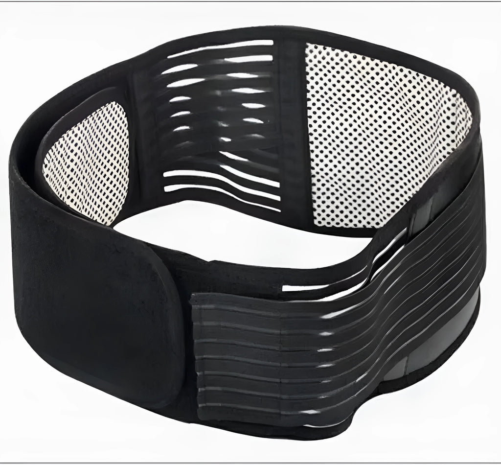 A black self-heating magnetic waist support belt, adjustable with a secure fastener, laid flat.