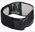 A black self-heating magnetic waist support belt, adjustable with a secure fastener, laid flat.