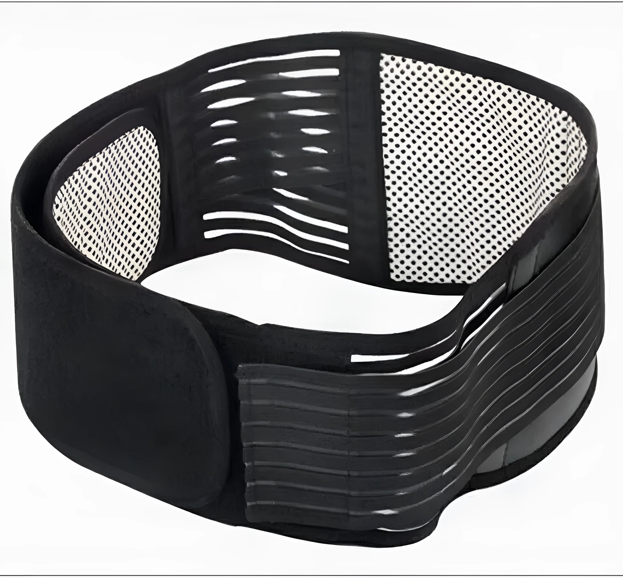 A black self-heating magnetic waist support belt, adjustable with a secure fastener, laid flat.