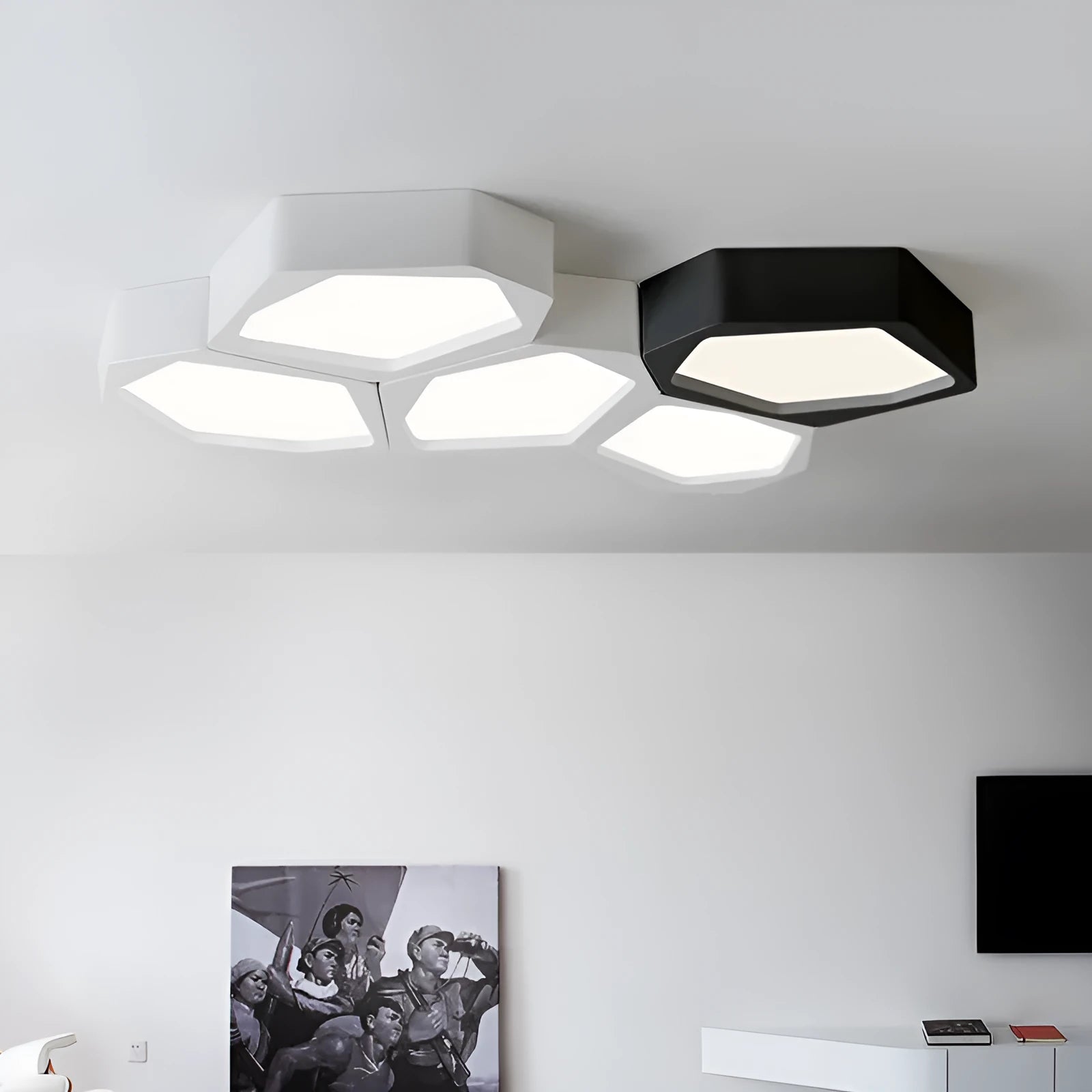 Geometric shaped iron wall light with remote control in black or white frame.