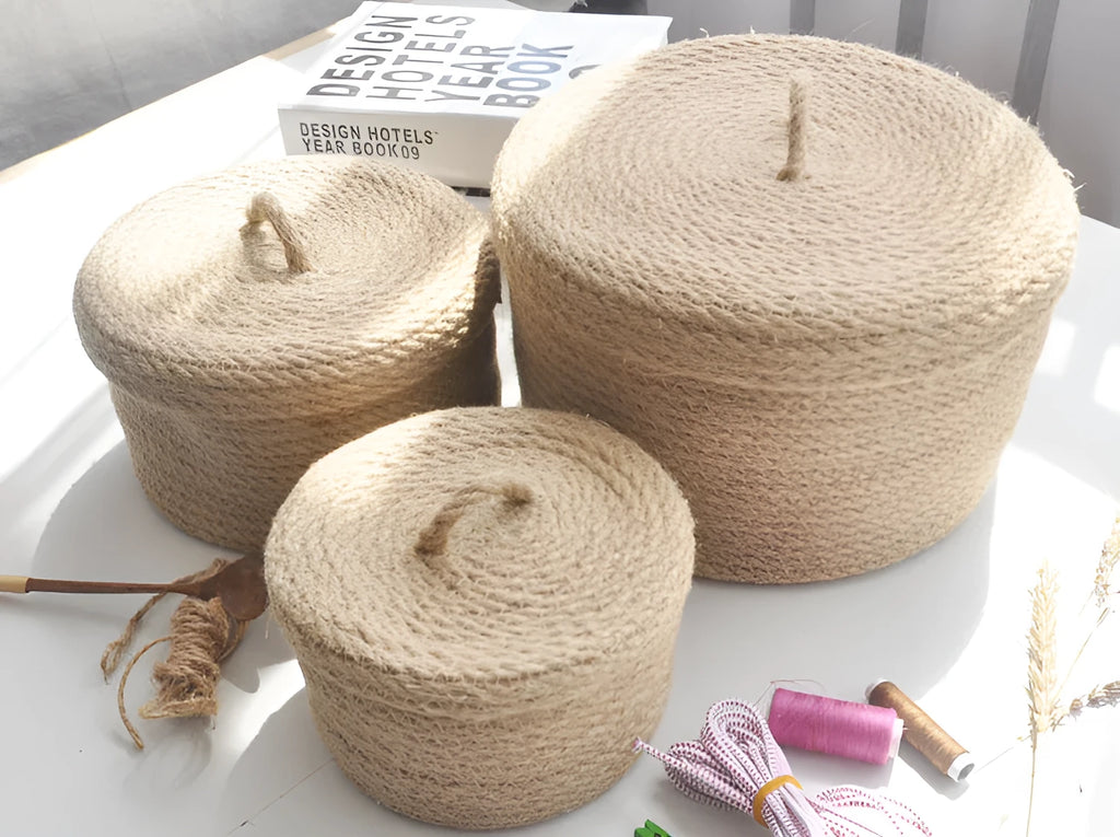 Japanese-style linen fabric storage basket with a cover on a tabletop, shown in three sizes.