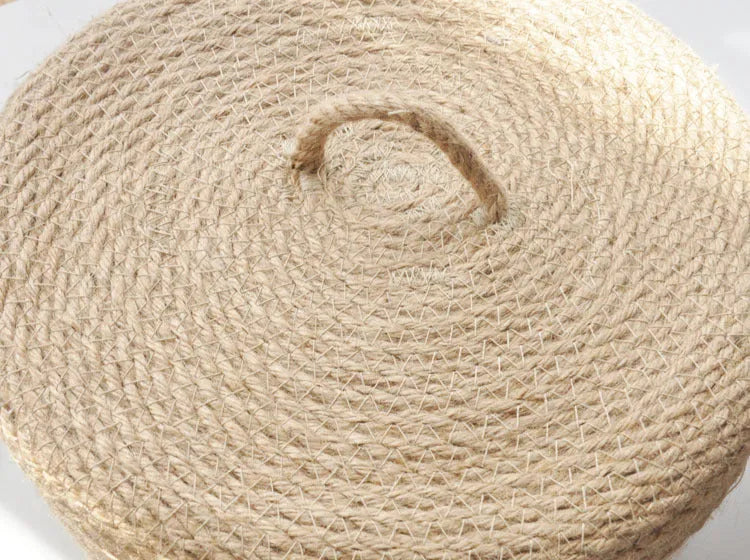 Japanese-style linen fabric storage basket with a cover on a tabletop, shown in three sizes.