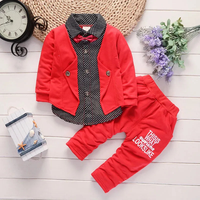 Toddler boys printed casual suit set with jacket and trousers in grey, navy blue, or red