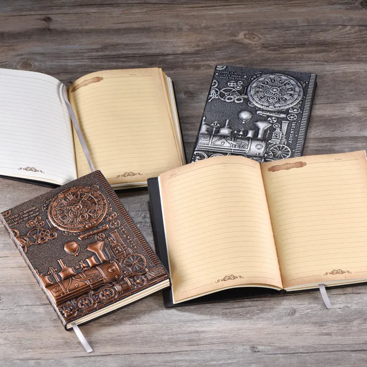 European Relief Retro Notepad Diary with deep A3 embossed leather cover in metallic bronze, shown open on 100gsm paper.