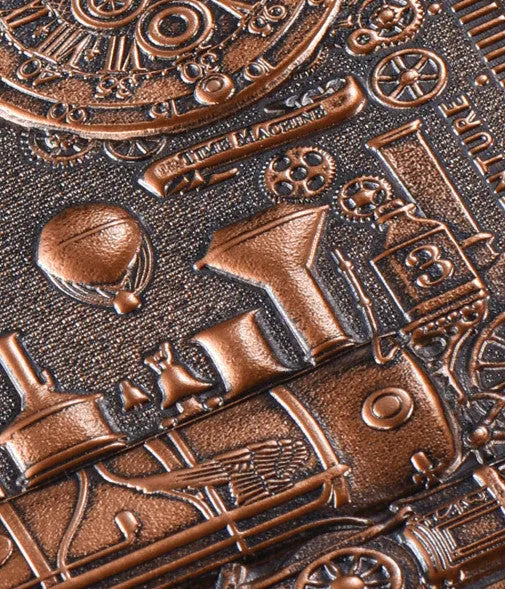 European Relief Retro Notepad Diary with deep A3 embossed leather cover in metallic bronze, shown open on 100gsm paper.