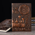 European Relief Retro Notepad Diary with deep A3 embossed leather cover in metallic bronze, shown open on 100gsm paper.
