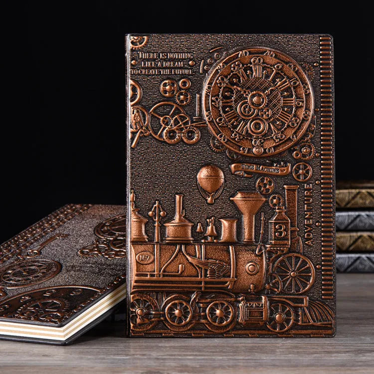 European Relief Retro Notepad Diary with deep A3 embossed leather cover in metallic bronze, shown open on 100gsm paper.
