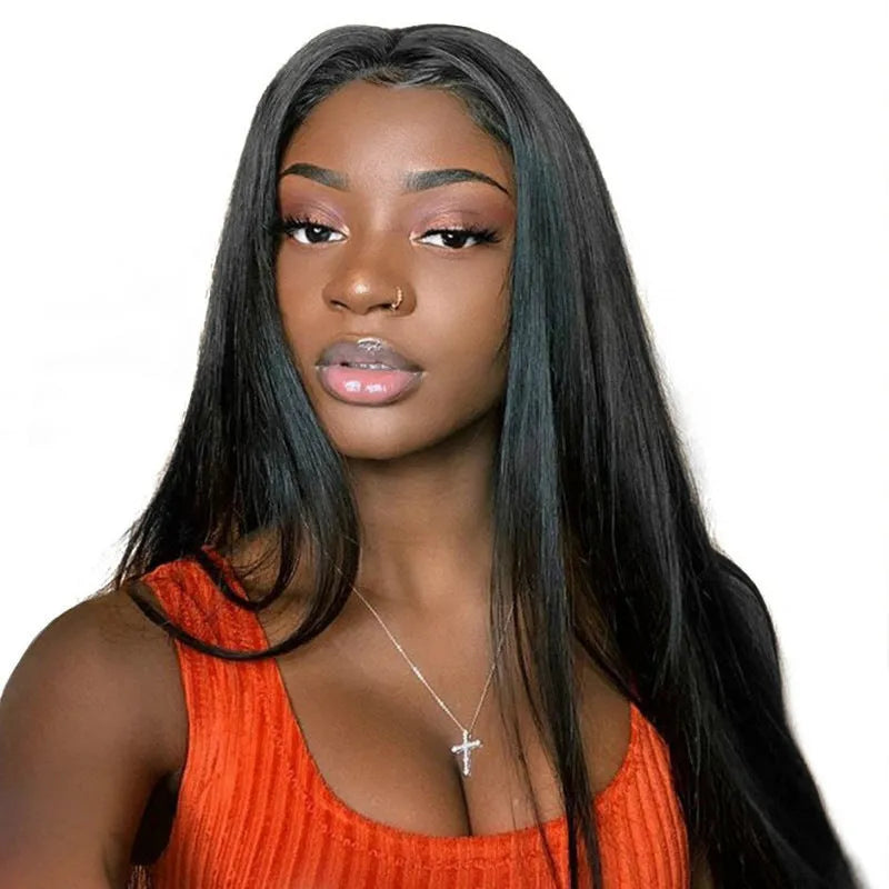 Black 26 inch long straight wig with middle part, made from high temperature wire, dyeable and ironable.