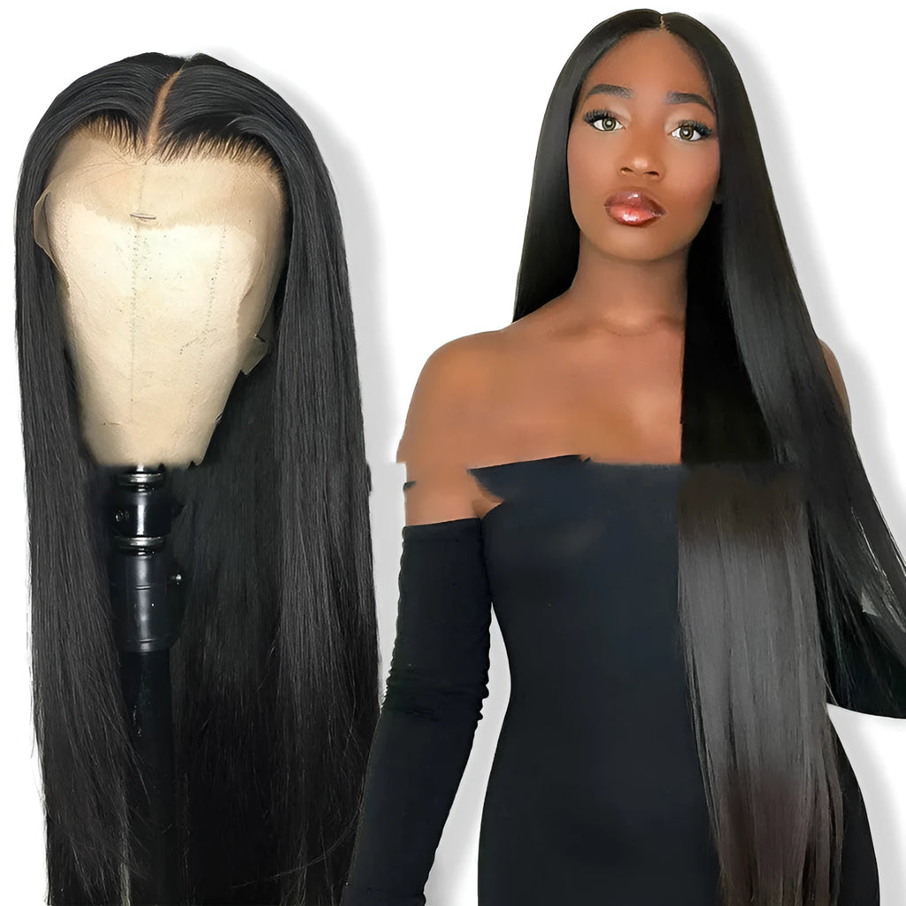 Black 26 inch long straight wig with middle part, made from high temperature wire, dyeable and ironable.
