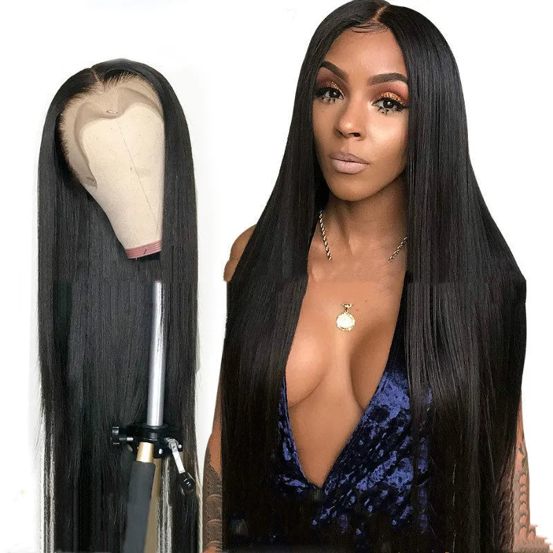 Black 26 inch long straight wig with middle part, made from high temperature wire, dyeable and ironable.