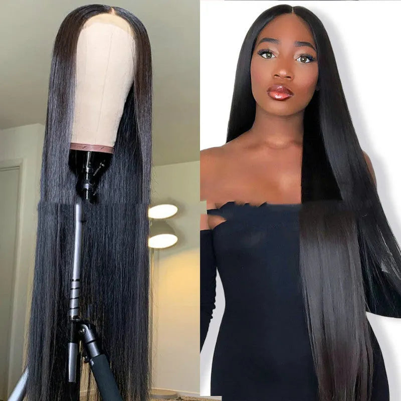 Black 26 inch long straight wig with middle part, made from high temperature wire, dyeable and ironable.