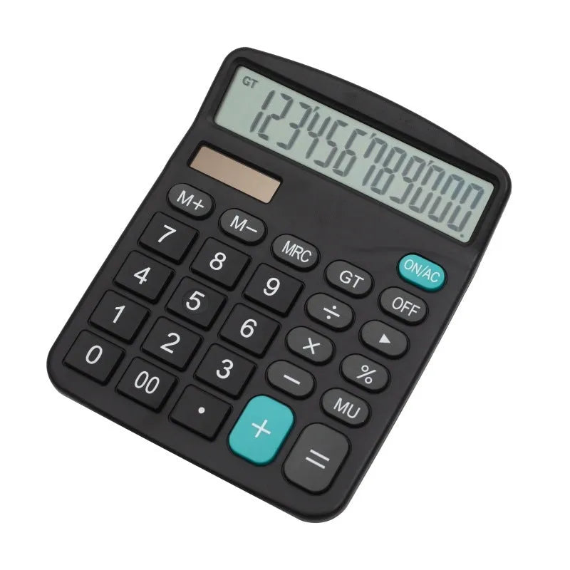 Black twelve-digit solar desktop calculator with large LCD display on a desk