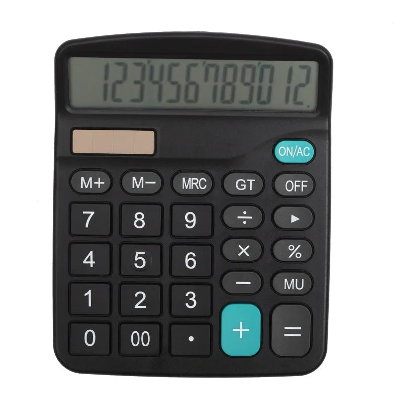 Black twelve-digit solar desktop calculator with large LCD display on a desk