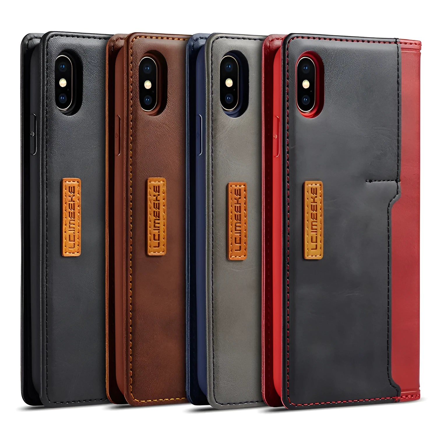 Black leather flip wallet case for iPhone showing internal card slots and magnetic closure.