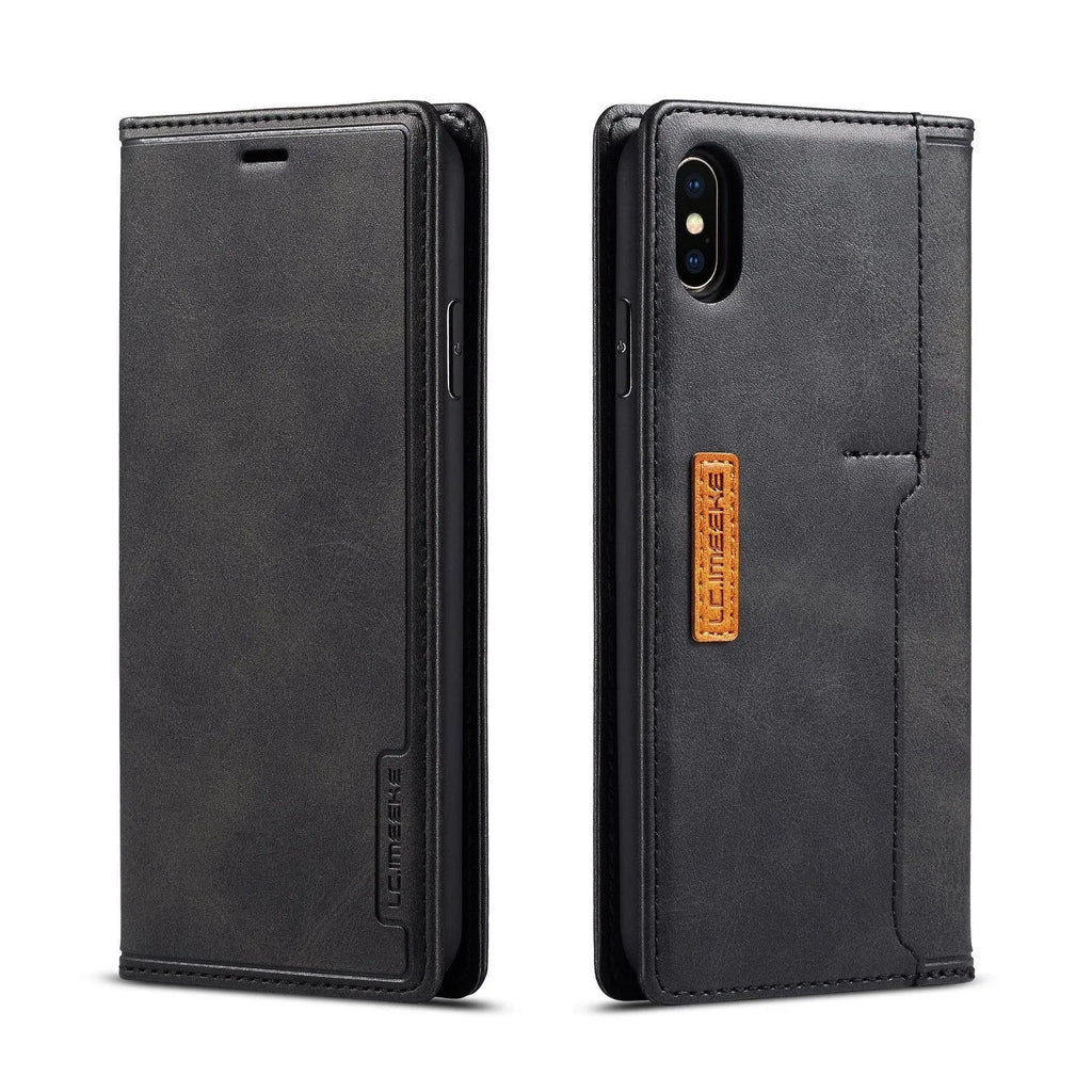 Black leather flip wallet case for iPhone showing internal card slots and magnetic closure.