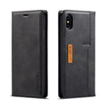 Black leather flip wallet case for iPhone showing internal card slots and magnetic closure.
