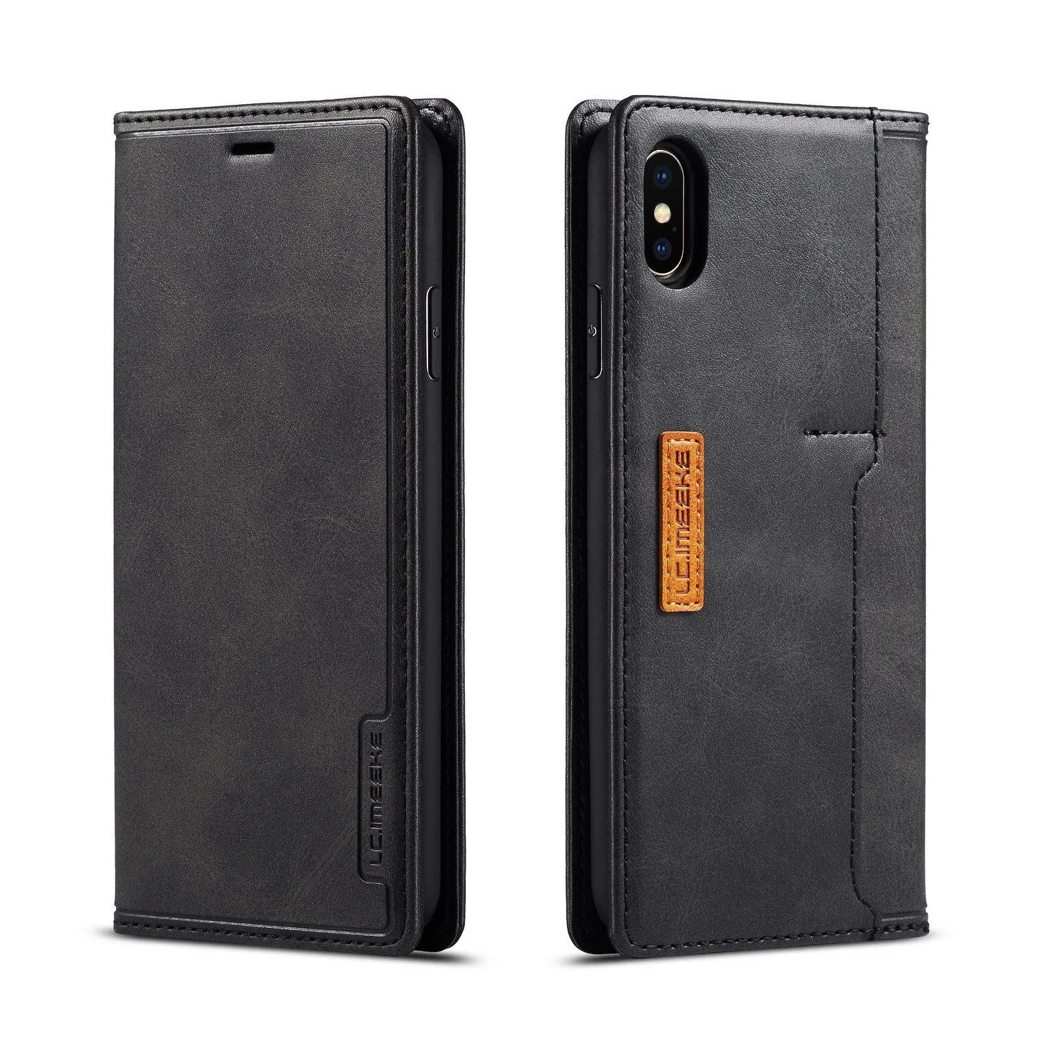 Black leather flip wallet case for iPhone showing internal card slots and magnetic closure.