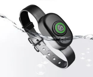 Black remote control and matching waterproof dog training collar for bark control.