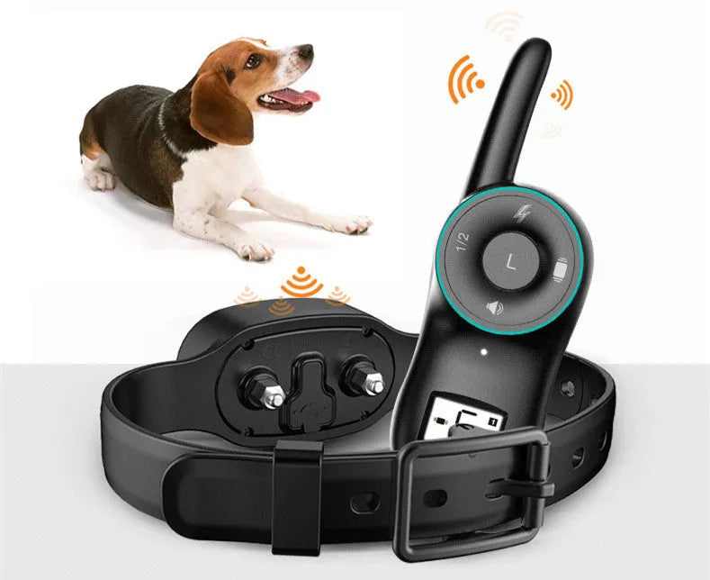 Black remote control and matching waterproof dog training collar for bark control.