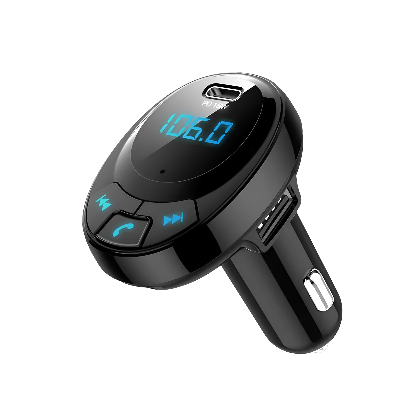 Black Bluetooth car MP3 charger with digital screen and dual USB ports